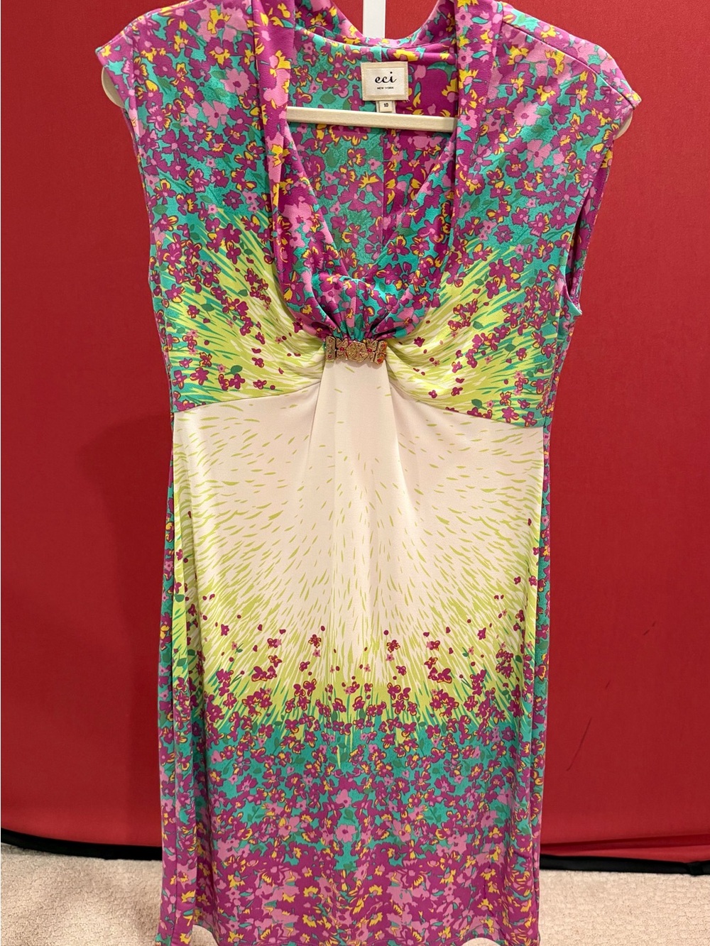 ECI Floral V-Neck Dress in Pink, Teal and Yellow